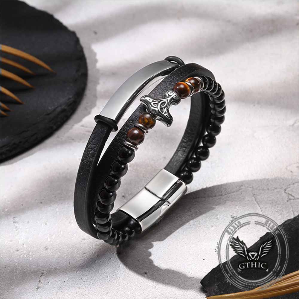 Thor's Hammer Agate Tiger Eye Stainless Steel Bracelet | Gthic.com