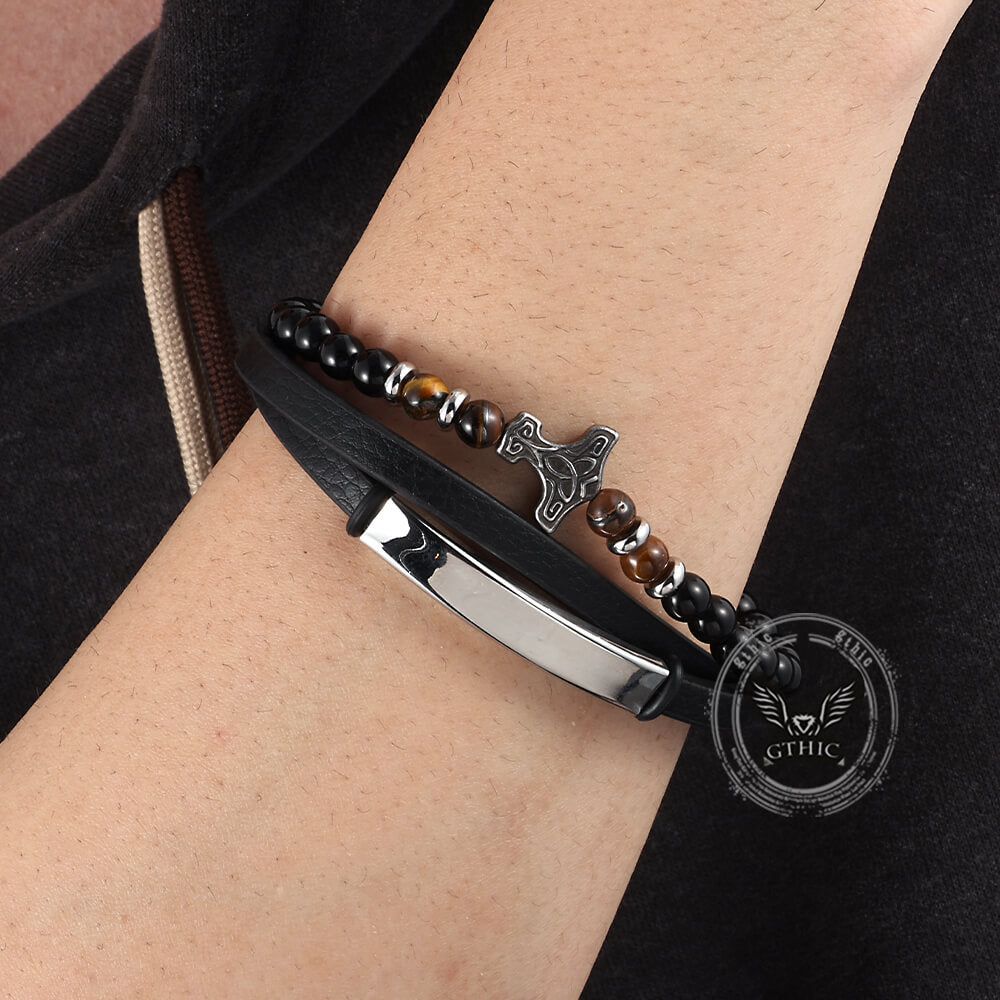 Thor's Hammer Agate Tiger Eye Stainless Steel Bracelet
