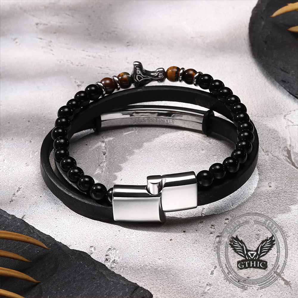 Thor's Hammer Agate Tiger Eye Stainless Steel Bracelet
