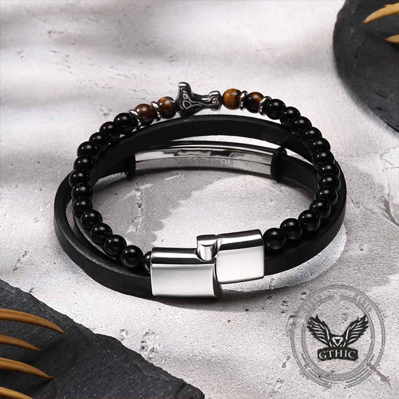 Thor's Hammer Agate Tiger Eye Stainless Steel Bracelet