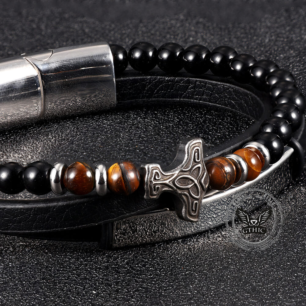 Thor's Hammer Agate Tiger Eye Stainless Steel Bracelet