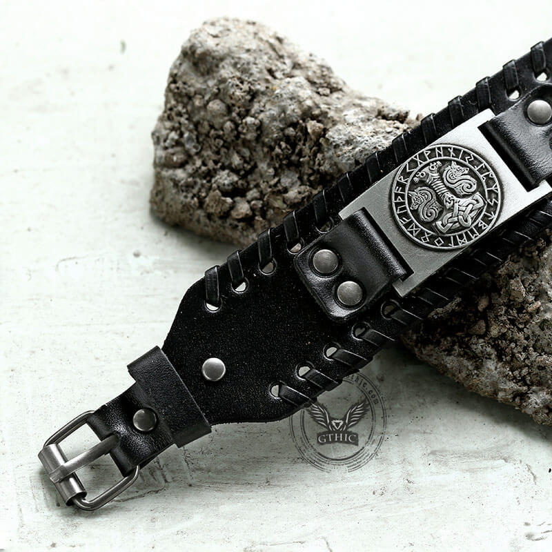 Thor’s Hammer Runes Alloy Leather Viking Bracelet