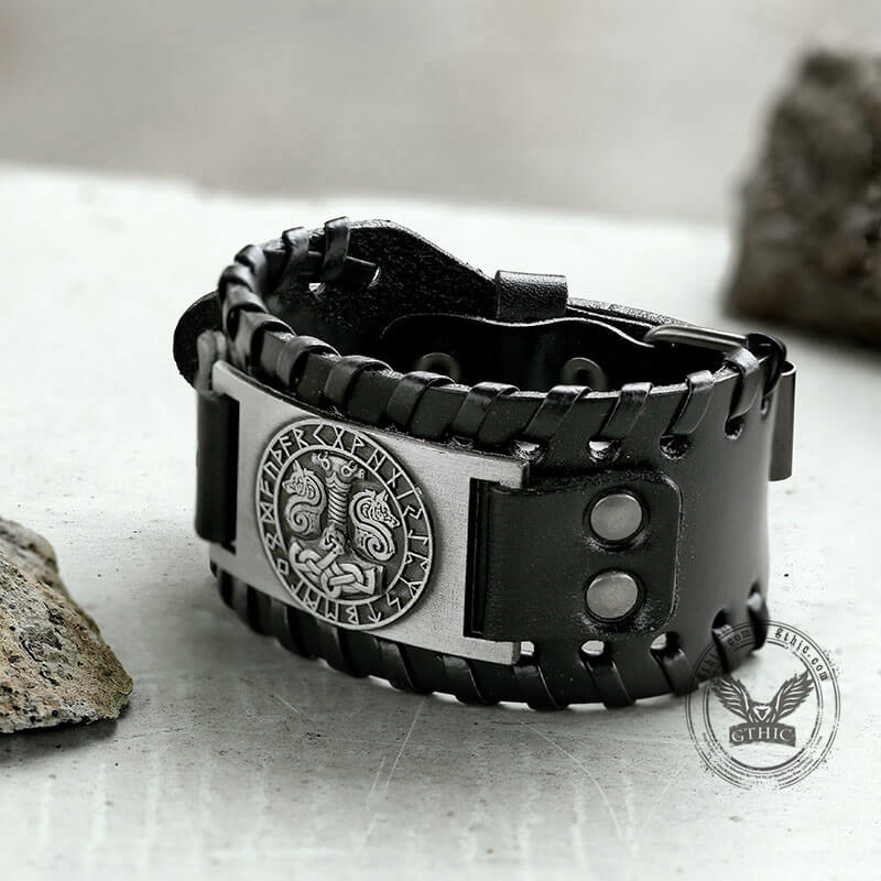 Thor’s Hammer Runes Alloy Leather Viking Bracelet