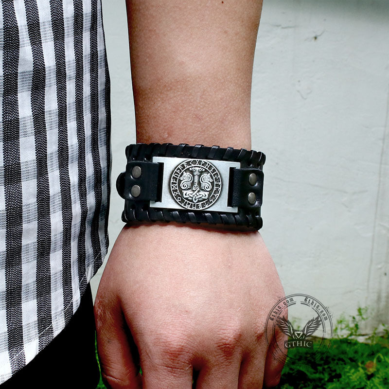 Thor’s Hammer Runes Alloy Leather Viking Bracelet