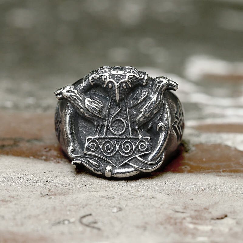 Thor's Hammer Valknut Ravens Stainless Steel Ring | Gthic.com