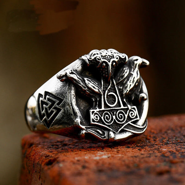 Thor's Hammer Valknut Ravens Stainless Steel Ring | Gthic.com