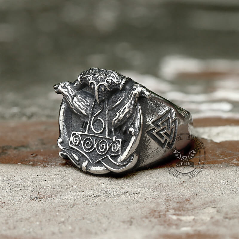 Thor's Hammer Valknut Ravens Stainless Steel Ring | Gthic.com