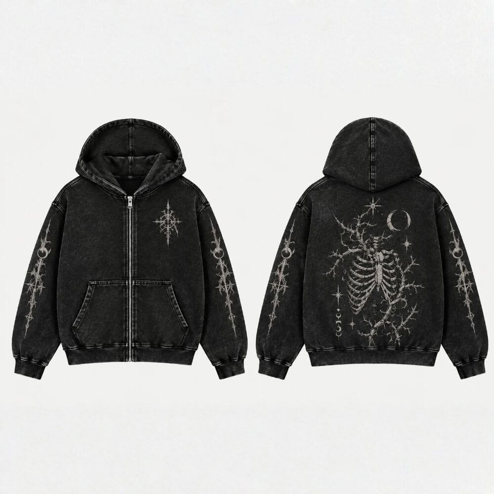Thorn Skeleton Vintage Washed Zip-Up Hooded Jacket | Gthic.com