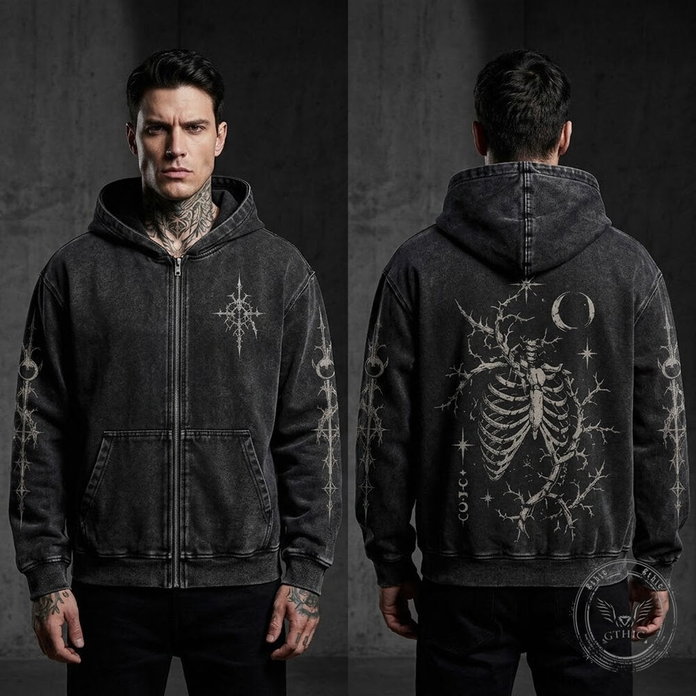 Thorn Skeleton Vintage Washed Zip-Up Hooded Jacket | Gthic.com