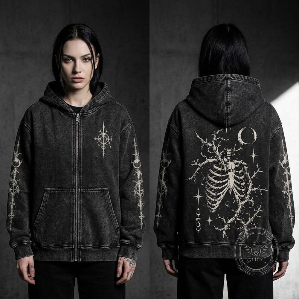 Thorn Skeleton Vintage Washed Zip-Up Hooded Jacket | Gthic.com