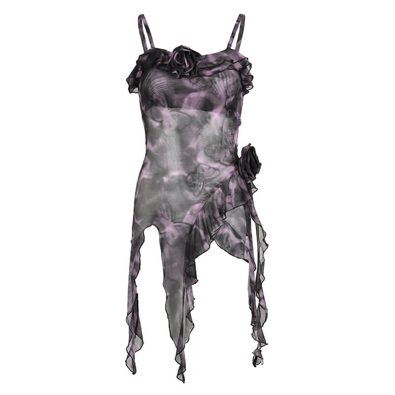 Tie-dye Butterfly Rose Irregular Ruffle Camisole | Gthic.com