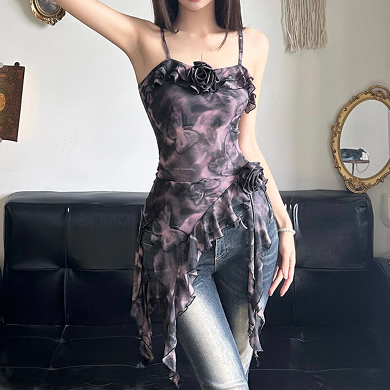 Tie-dye Butterfly Rose Irregular Ruffle Camisole | Gthic.com