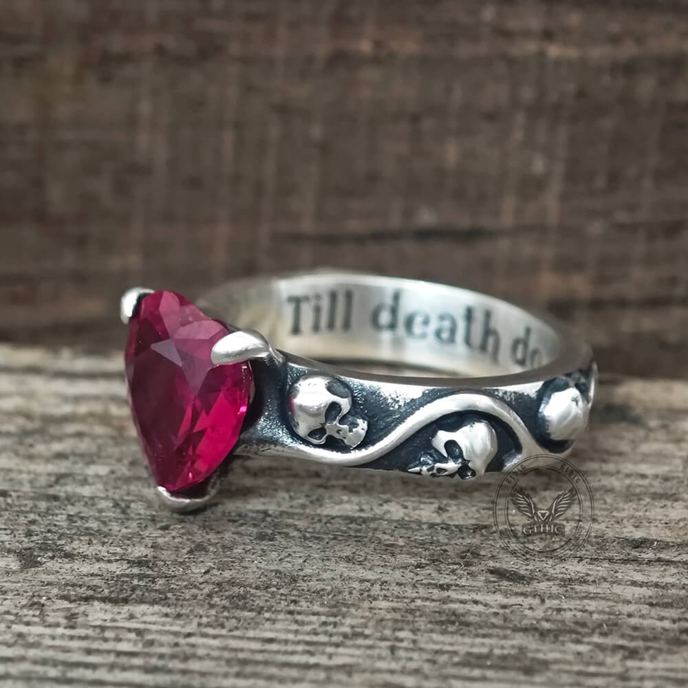 Till Death Do Us Part Heart Gem Sterling Silver Skull Ring