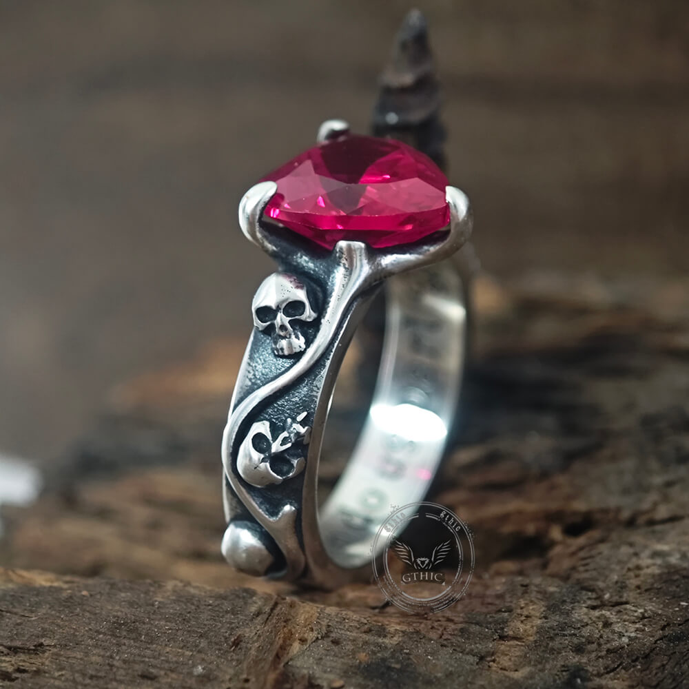 Till Death Do Us Part Heart Gem Sterling Silver Skull Ring | Gthic.com