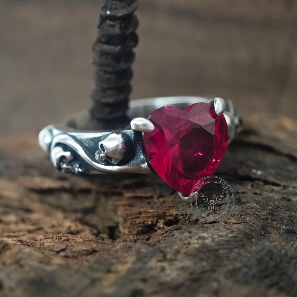 Till Death Do Us Part Heart Gem Sterling Silver Skull Ring | Gthic.com