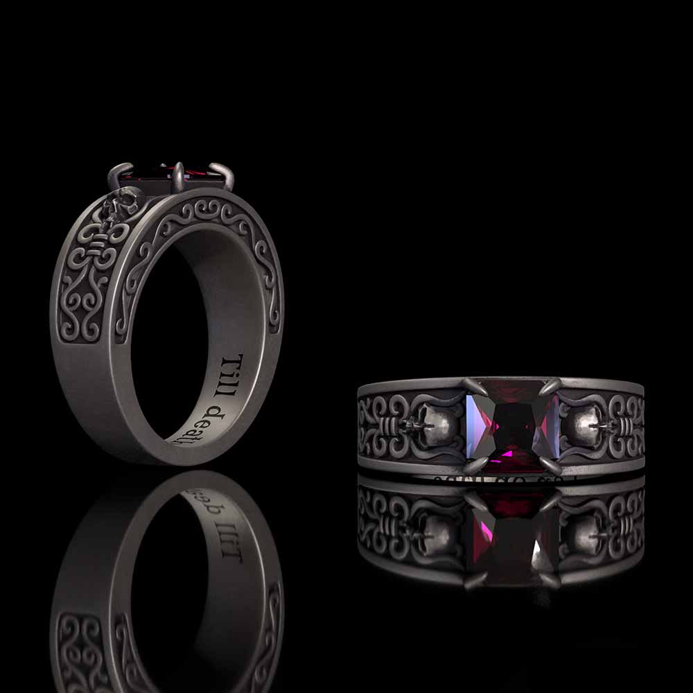 Till Death Do Us Part Skull Gem-Set Sterling Silver Ring | Gthic.com