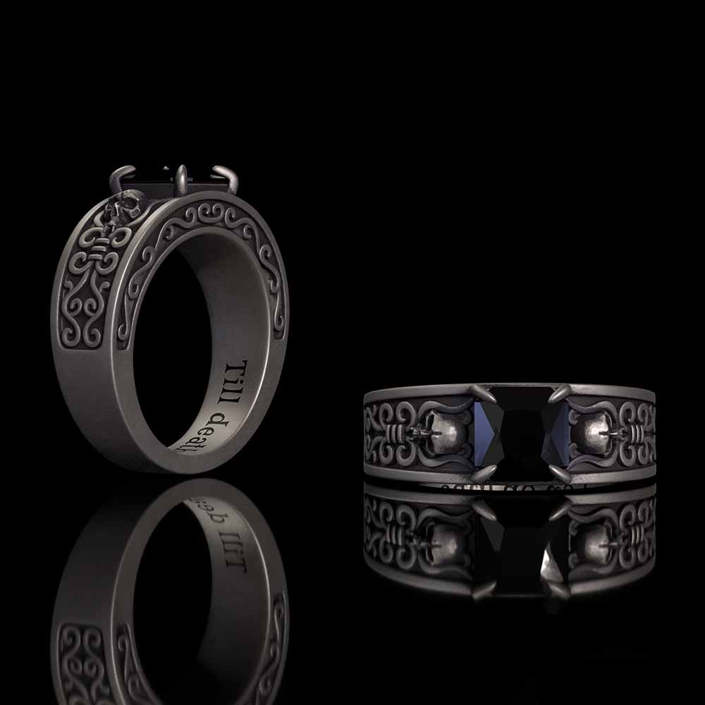Till Death Do Us Part Skull Gem-Set Sterling Silver Ring | Gthic.com