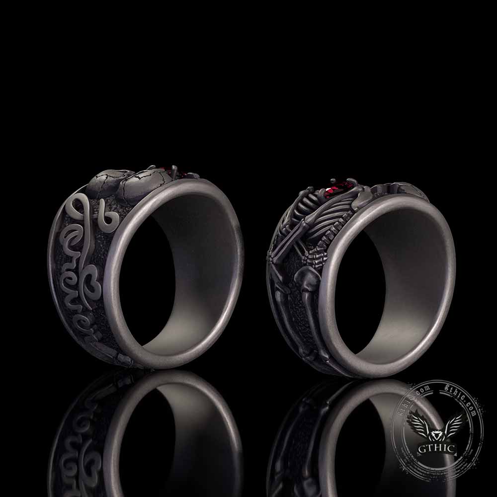 Till Death Do Us Part Skull Gem Sterling Silver Couple Ring