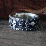 Till Death Do Us Part Skull Rose Sterling Silver Ring
