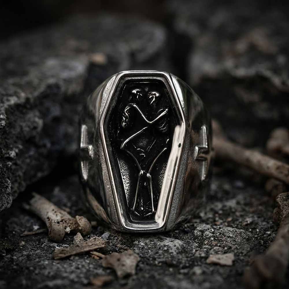 Till Death Skull Coffin Cross Stainless Steel Ring | Gthic.com