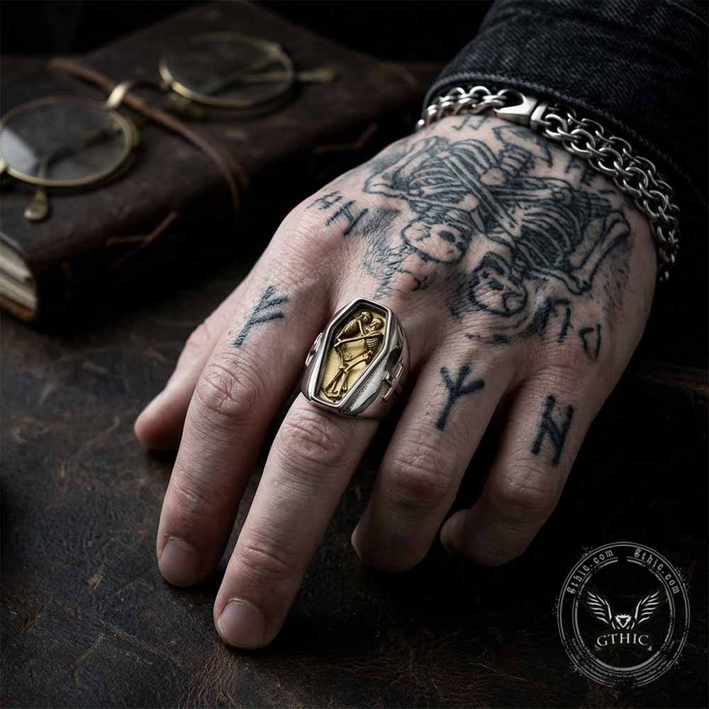 Till Death Skull Coffin Cross Stainless Steel Ring | Gthic.com