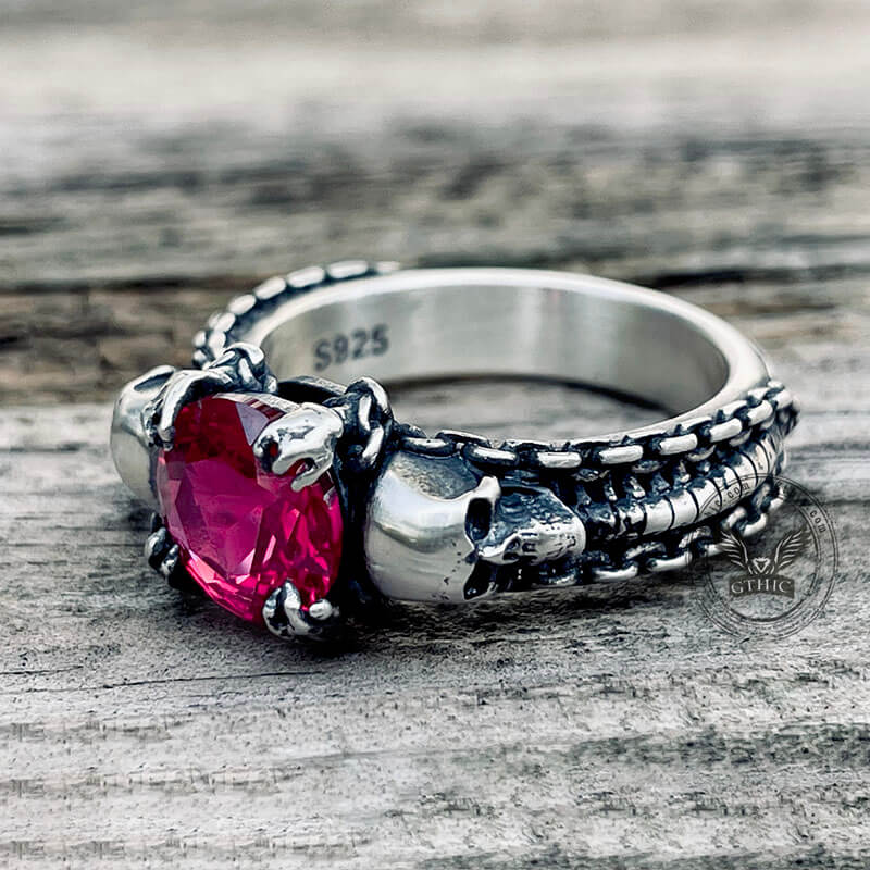 Anello teschio in argento sterling con gemma tributo gotico