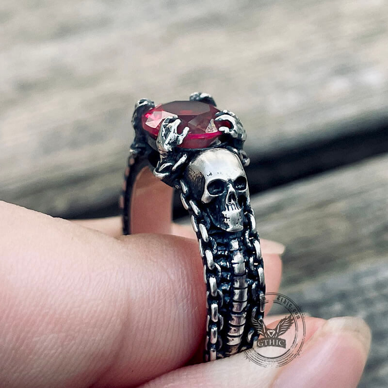 Bague tête de mort gothique en argent sterling avec gemme d'hommage