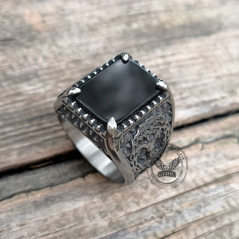 Tree Of Life Onyx Stainless Steel Viking Ring | Gthic.com