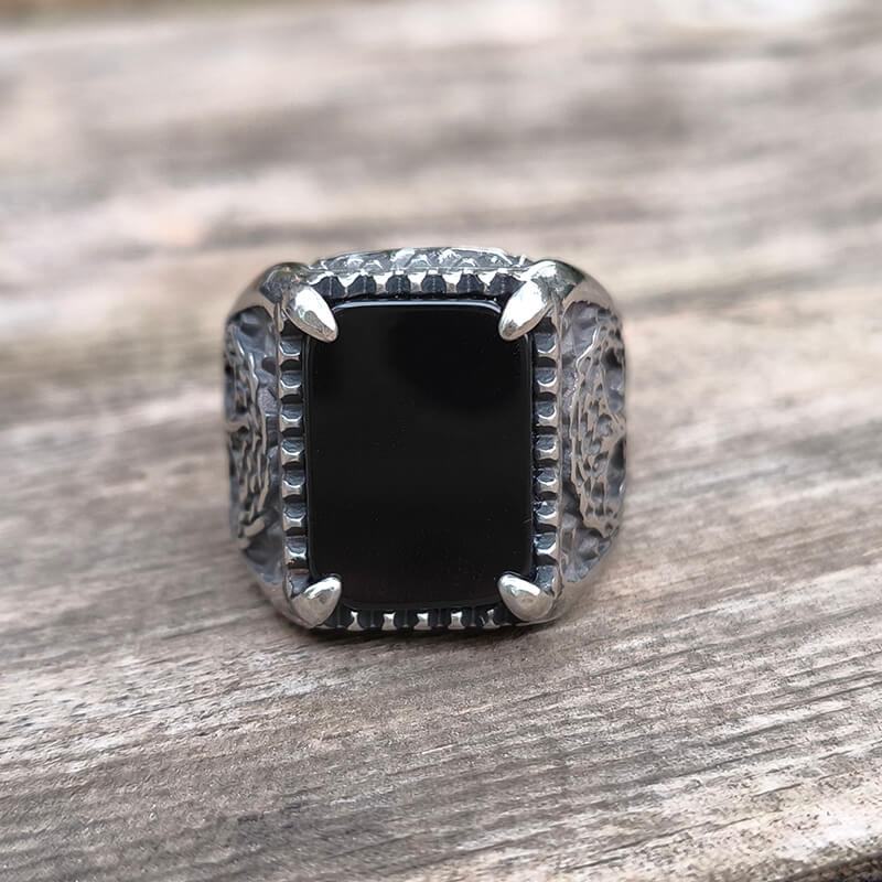 Tree Of Life Onyx Stainless Steel Viking Ring | Gthic.com