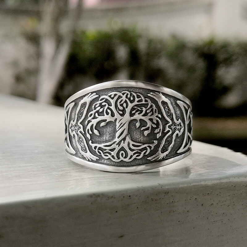 Tree of Life Raven Sterling Silver Viking Ring | Gthic.com