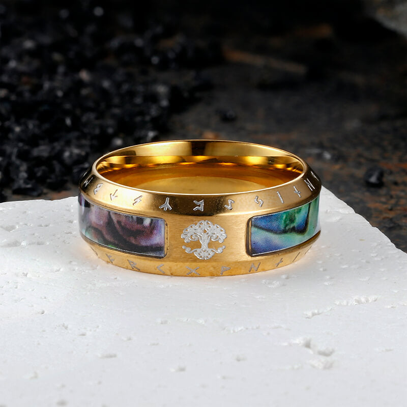 Anillo vikingo con concha de acero inoxidable del árbol de la vida