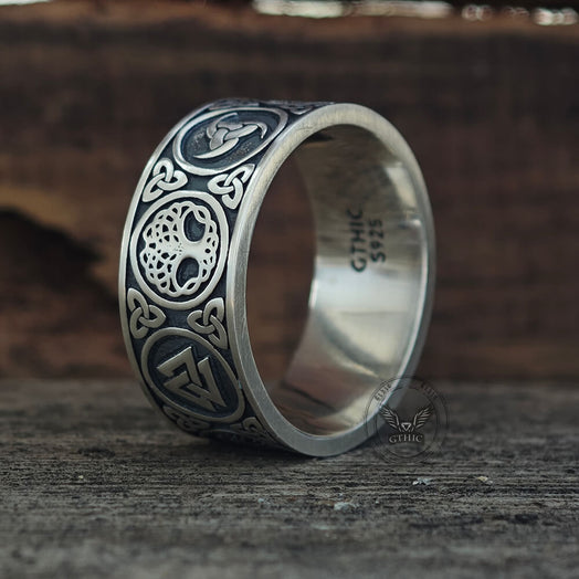 Tree of Life Valknut Viking Sterling Silver Triskele Ring