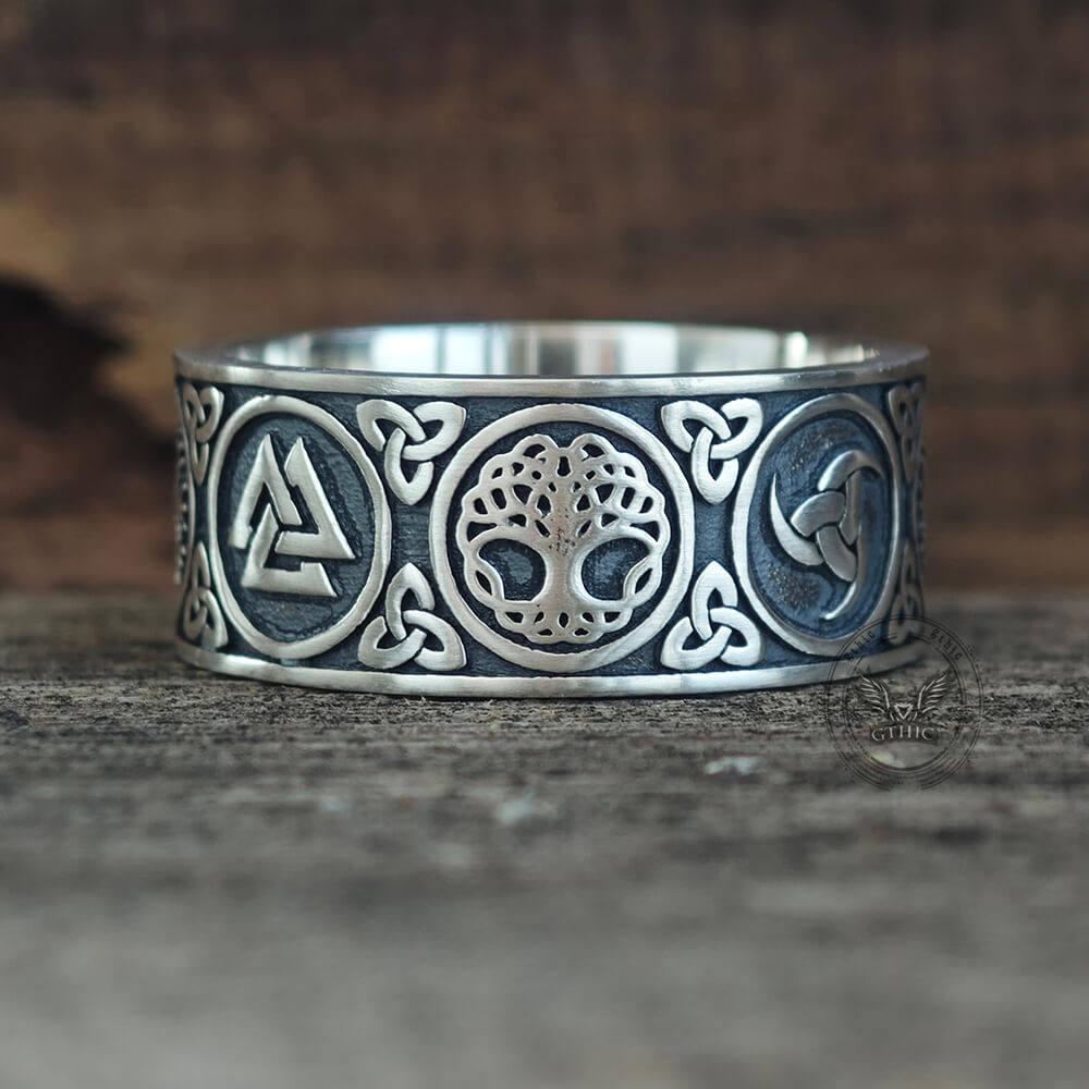 Tree of Life Valknut Viking Sterling Silver Triskele Ring