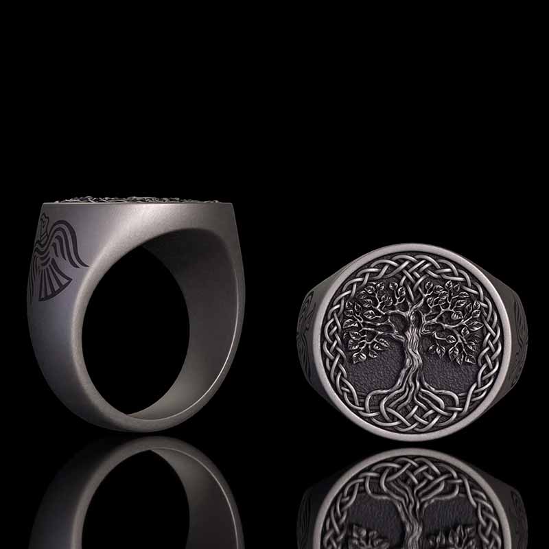 Tree of Life Viking Raven Sterling Silver Ring 01 | Gthic.com