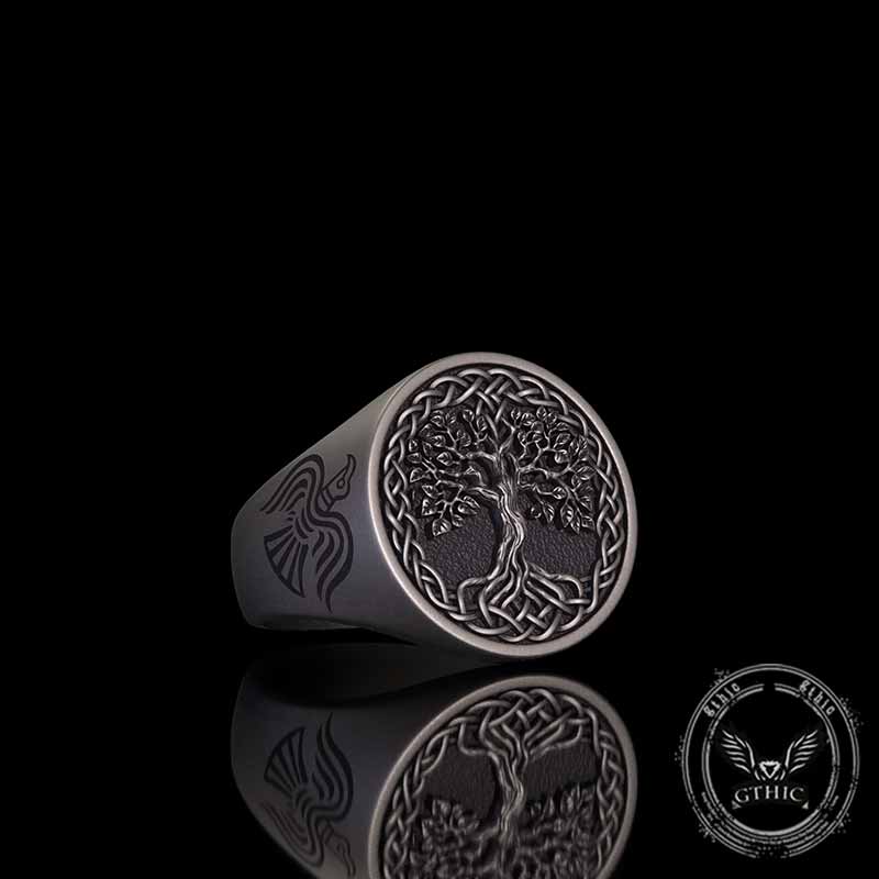 Tree of Life Viking Raven Sterling Silver Ring 02 | Gthic.com