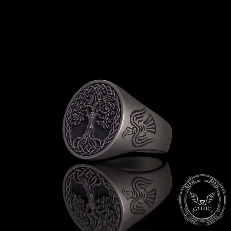 Tree of Life Viking Raven Sterling Silver Ring