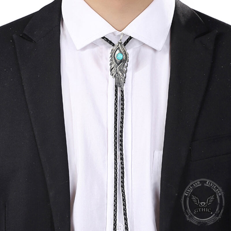 Turquoise-Inlaid Feather Alloy Bolo Tie