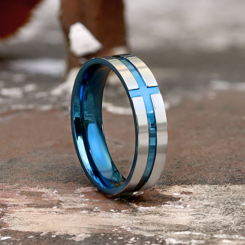 Two-Color Fluted Cross Design Stainless Steel Band Ring | Gthic.com