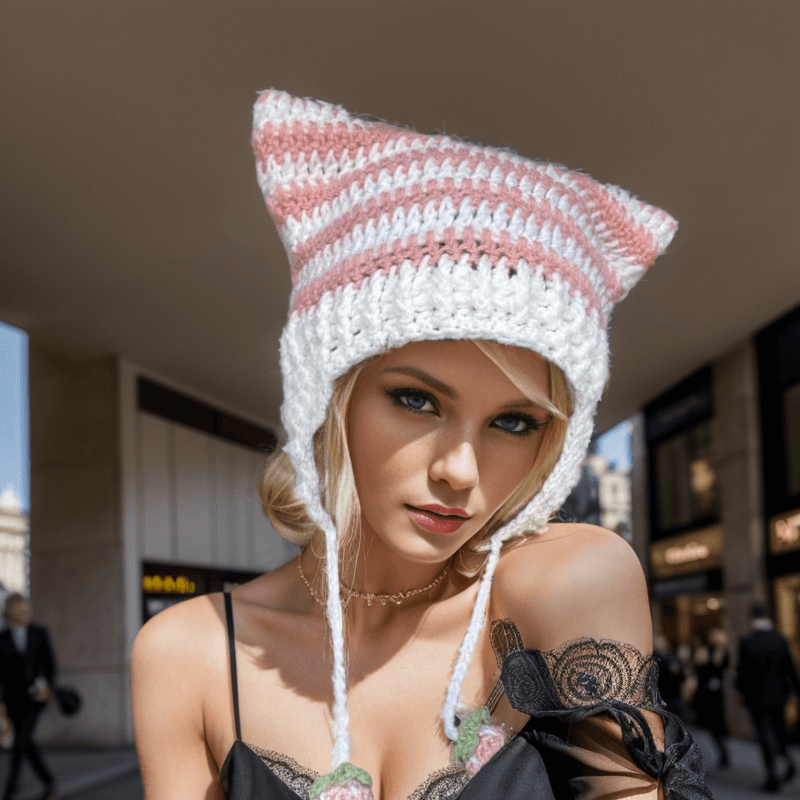 Two-Tone Striped Cat Ear Knitted Beanie Hat | Gthic.com