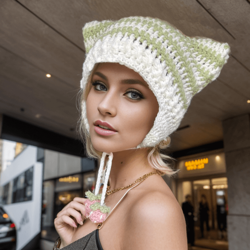 Two-Tone Striped Cat Ear Knitted Beanie Hat | Gthic.com