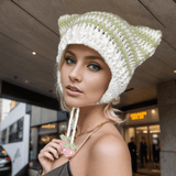 Two-Tone Striped Cat Ear Knitted Beanie Hat | Gthic.com