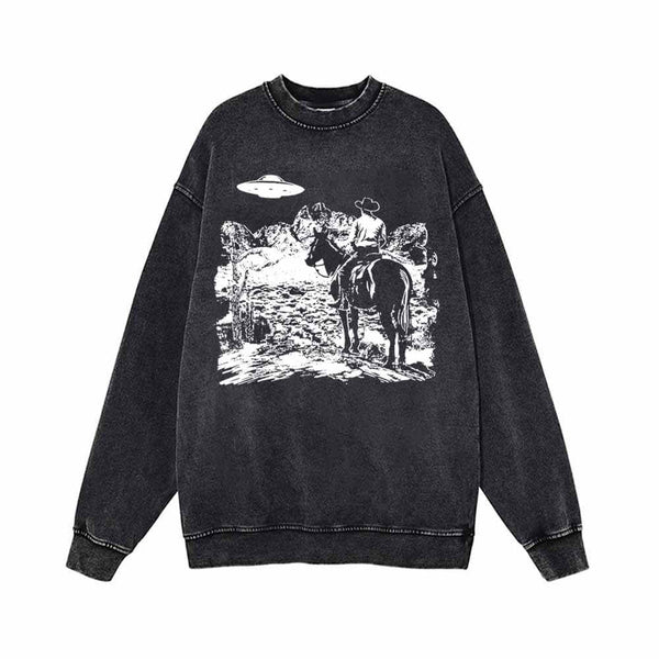 UFO And Western Cowboy Print Vintage Washed Sweatshirt 01 | Gthic.com