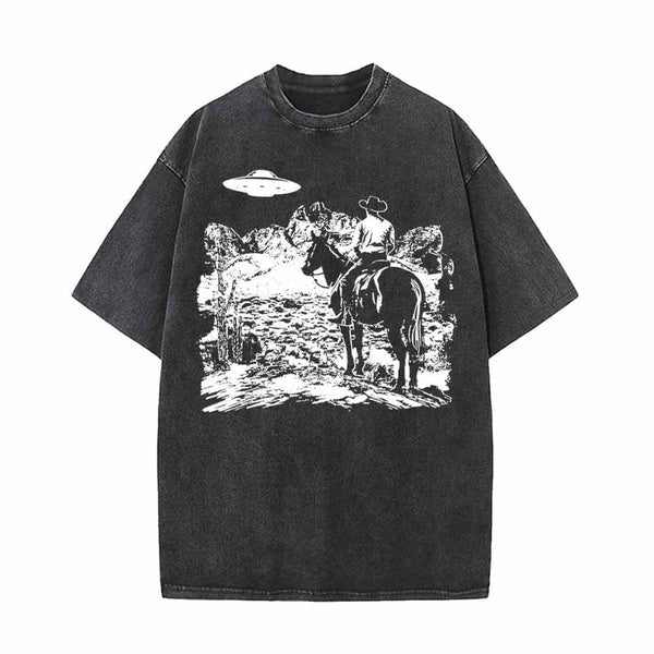 UFO And Western Cowboy Print Vintage Washed T-shirt 01 | Gthic.com