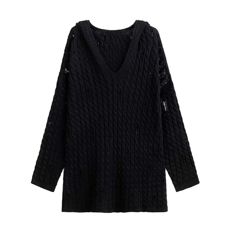 V-neck Hole Loose Hooded Long-sleeved Sweater | Gthic.com