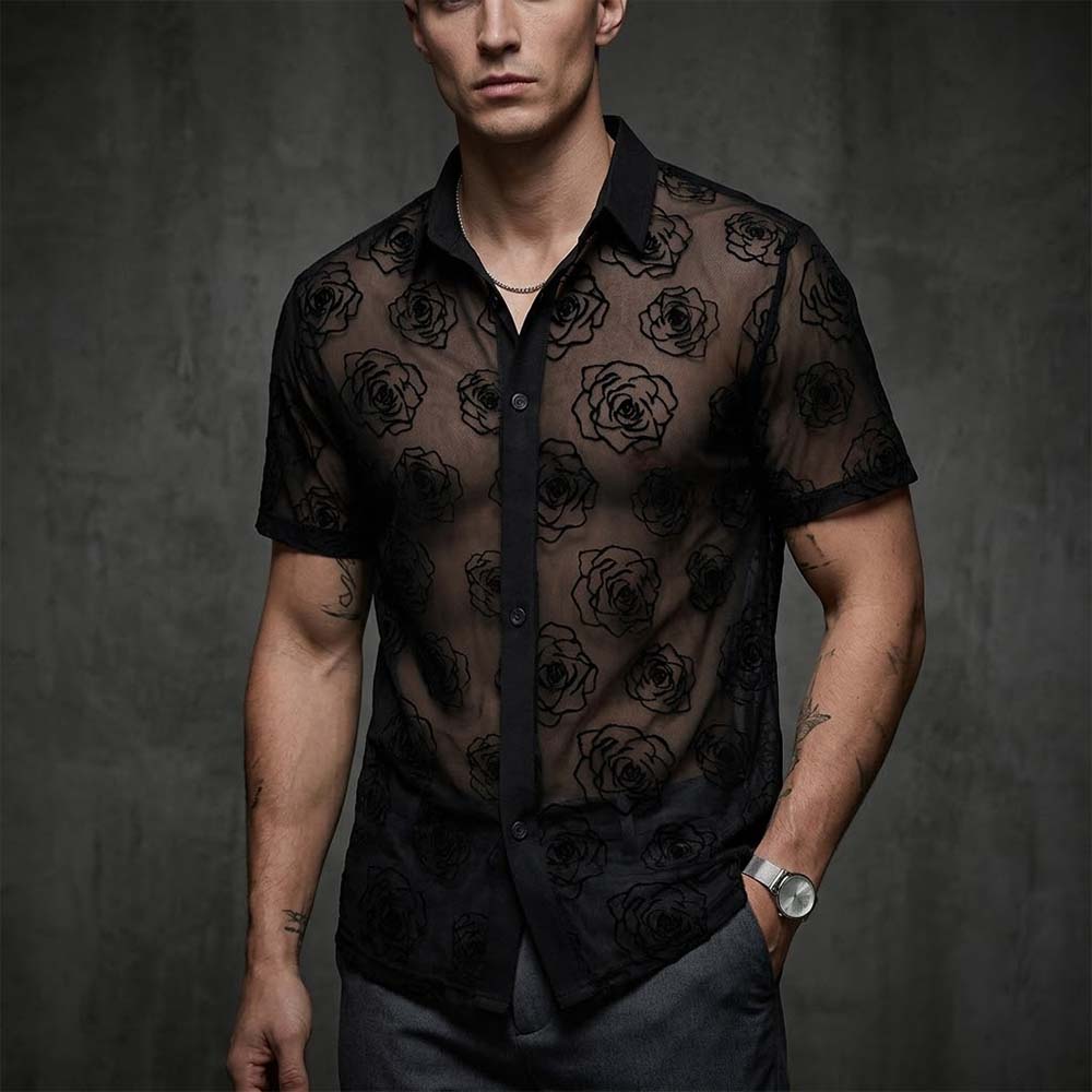 Vacation Style Rose Mesh See Through Short Sleeve Shirt