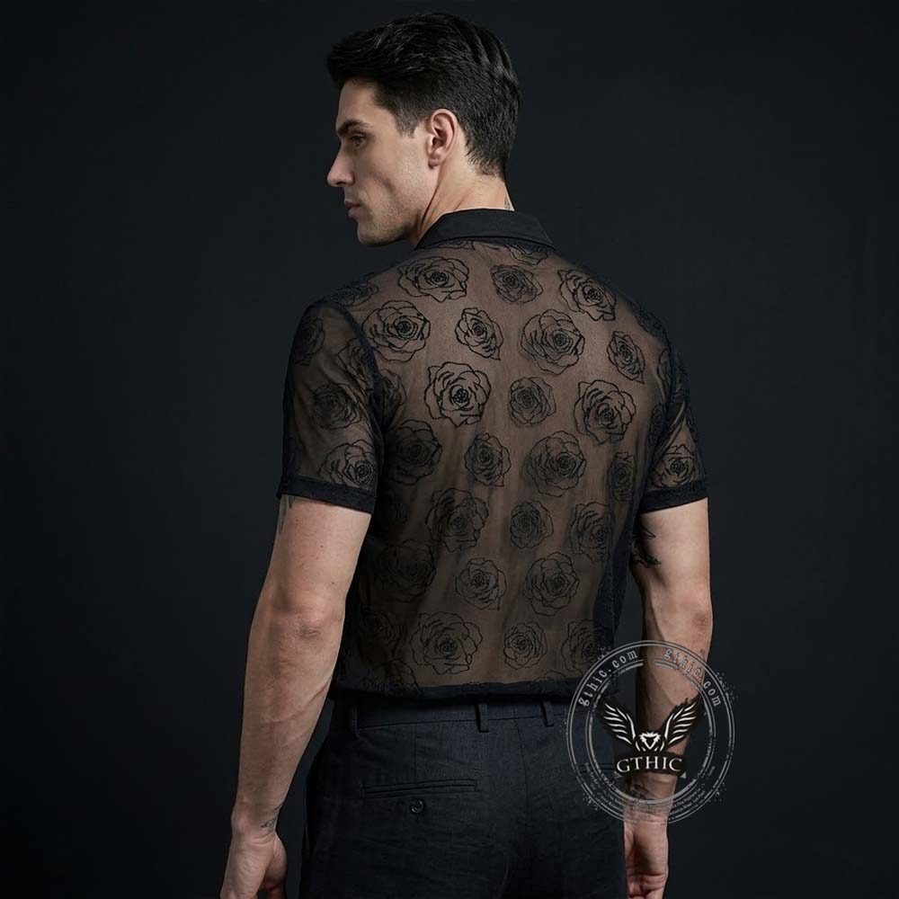 Vacation Style Rose Mesh See Through Short Sleeve Shirt