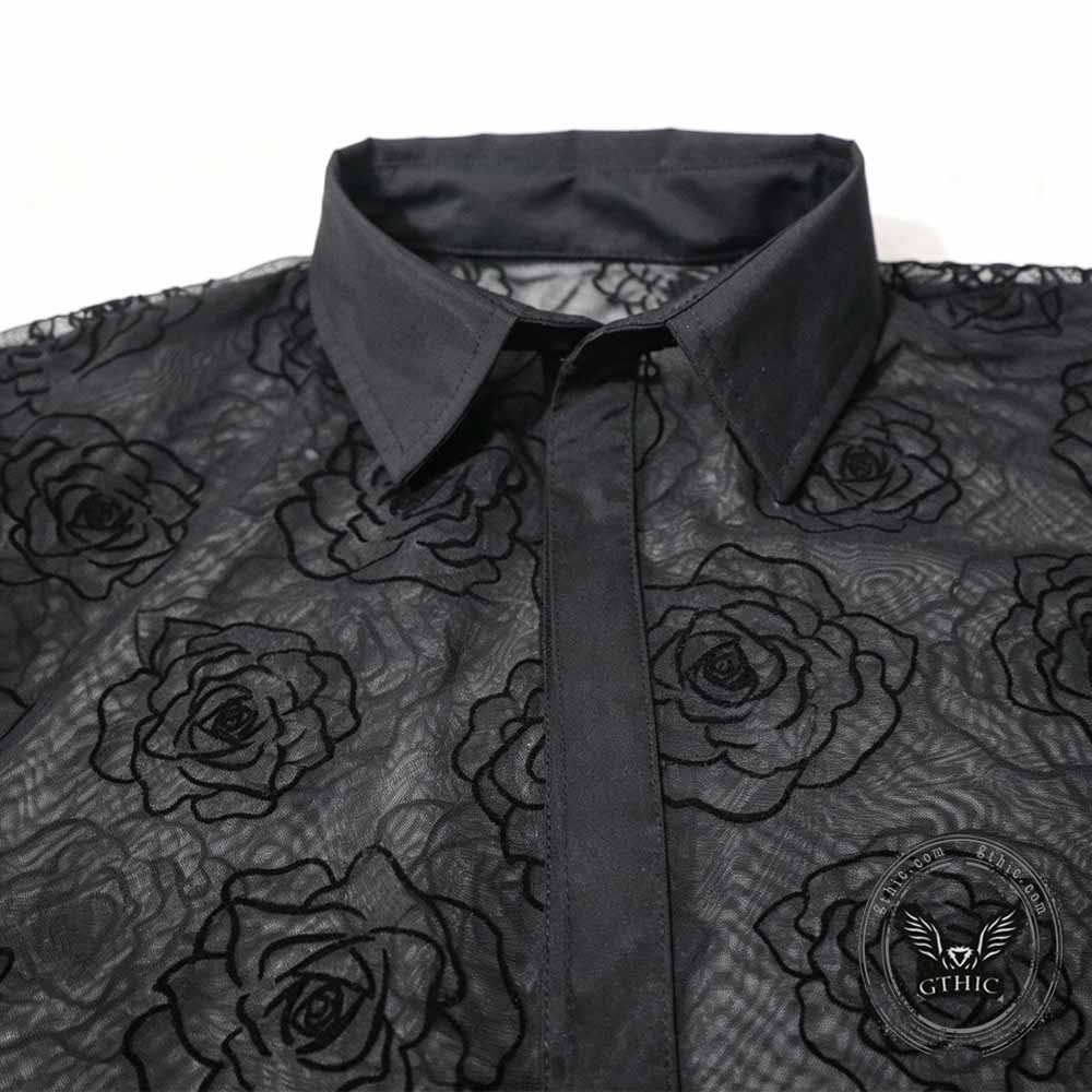 Vacation Style Rose Mesh See Through Short Sleeve Shirt