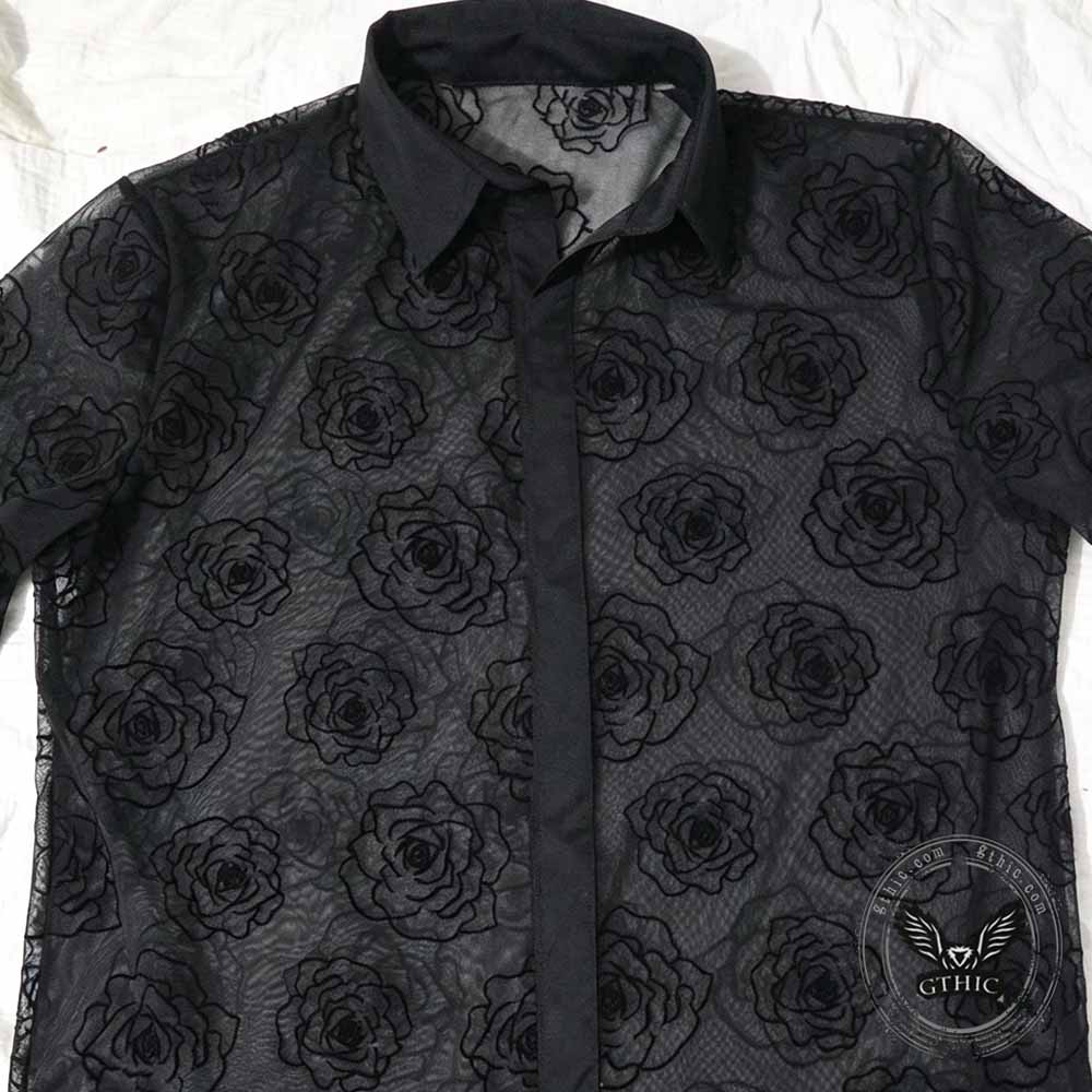 Vacation Style Rose Mesh See Through Short Sleeve Shirt