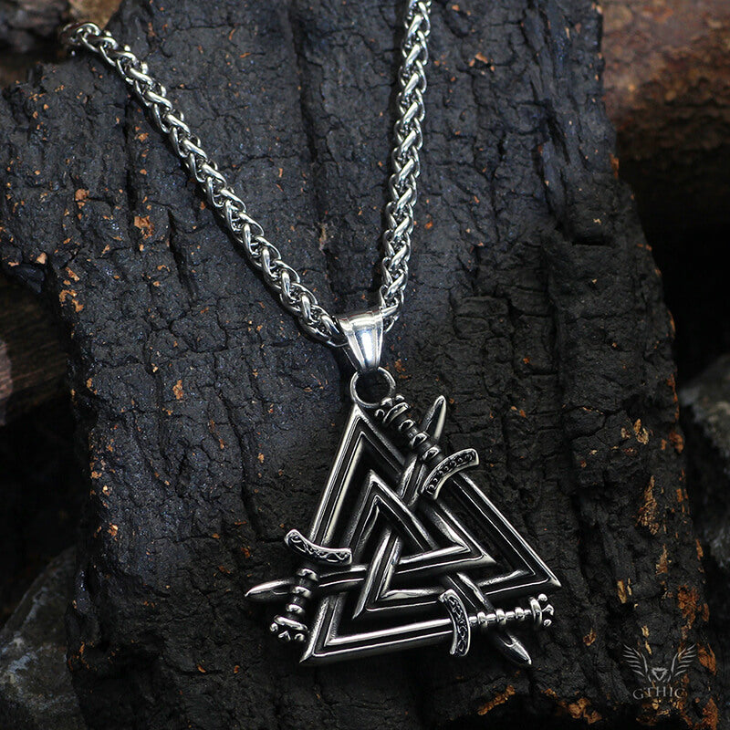 Valknut Cured Sword Stainless Steel Viking Pendant | Gthic.com