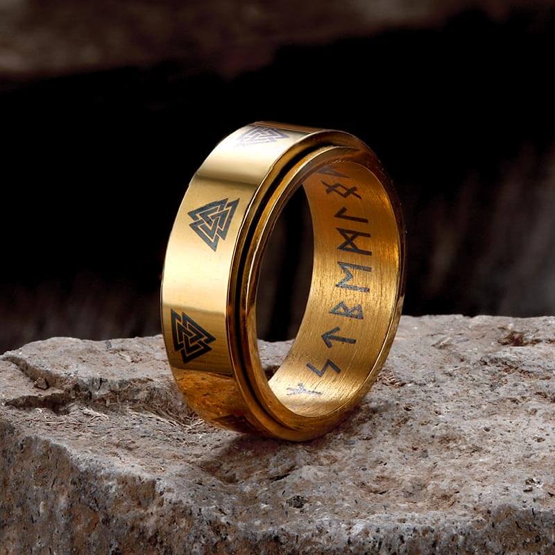 Valknut Runes Stainless Steel Rotating Ring 04 gold| Gthic.com